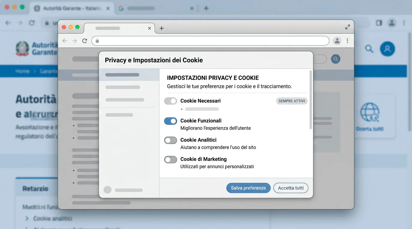 Schermata di un browser web con il pannello delle impostazioni di privacy e dei cookie aperto