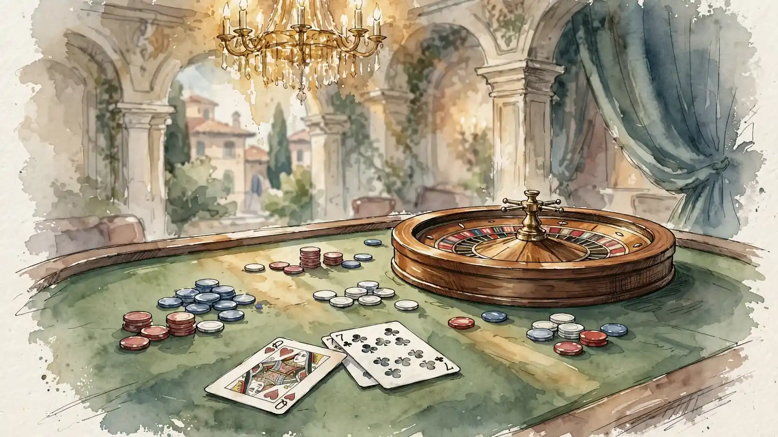 Tavolo da casinò con ruota della roulette, fiches colorate e carte da gioco.