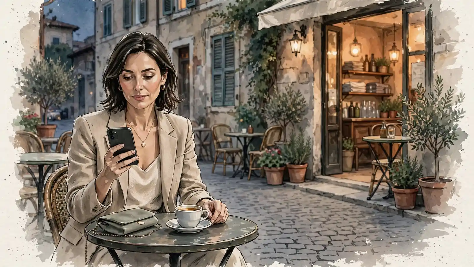 Donna italiana con smartphone in mano a un tavolino di un bar a Roma di sera