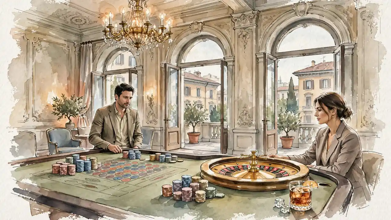 Interno elegante di una sala da gioco italiana con tavolo da roulette e fiches impilate