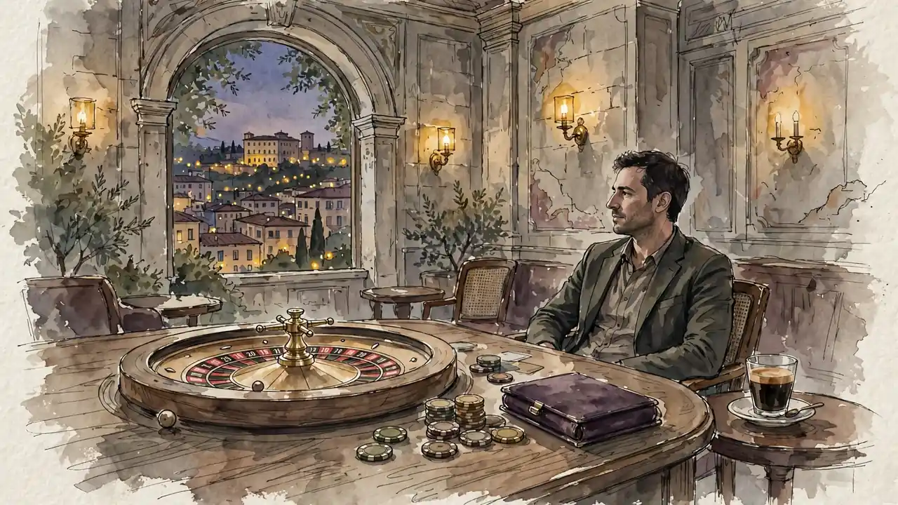 Tavolo da casinò con roulette e fiches in un salone italiano illuminato in modo soffuso.