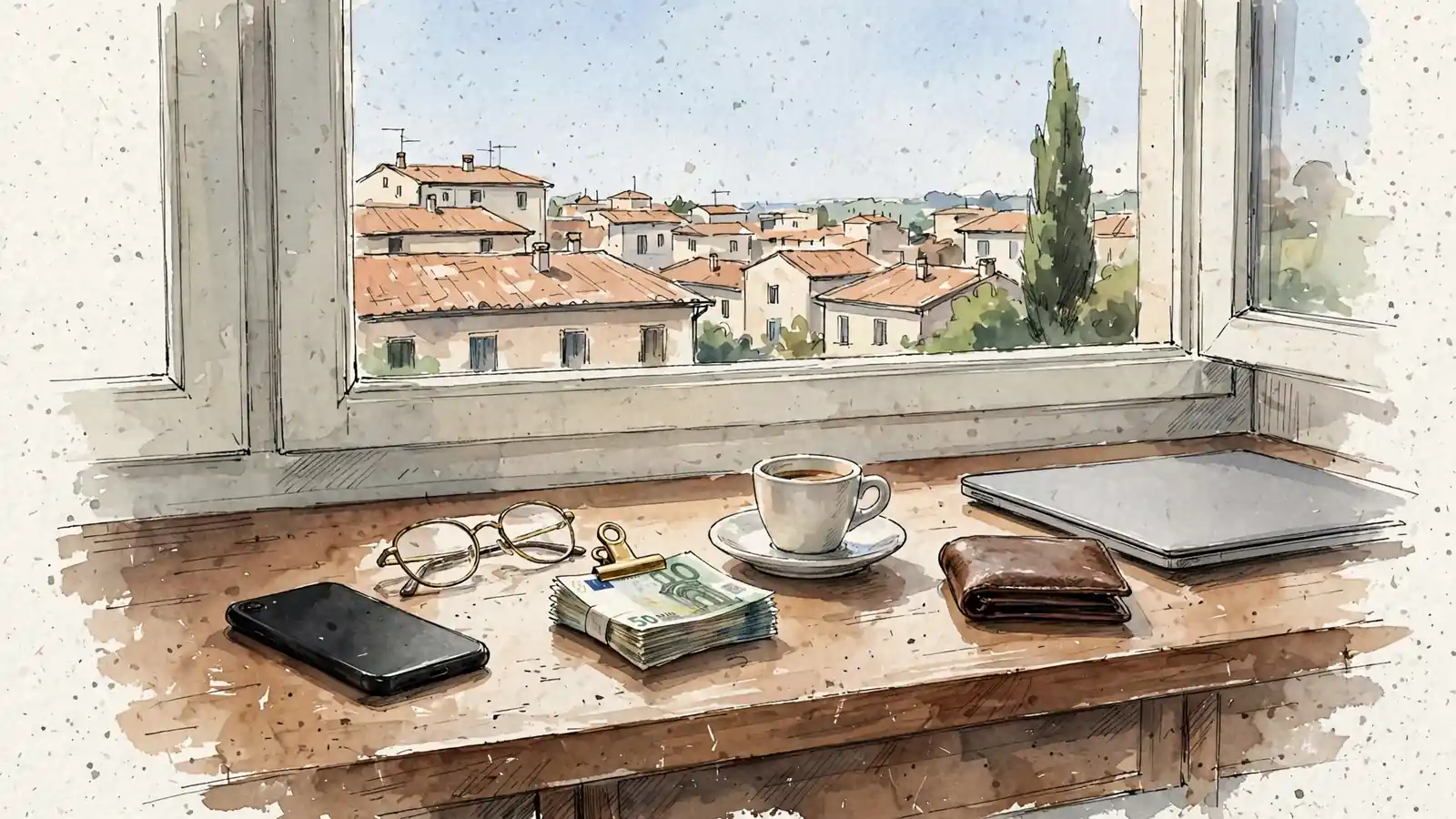 Scrivania italiana con smartphone, banconote in euro, caffè e vista sui tetti.