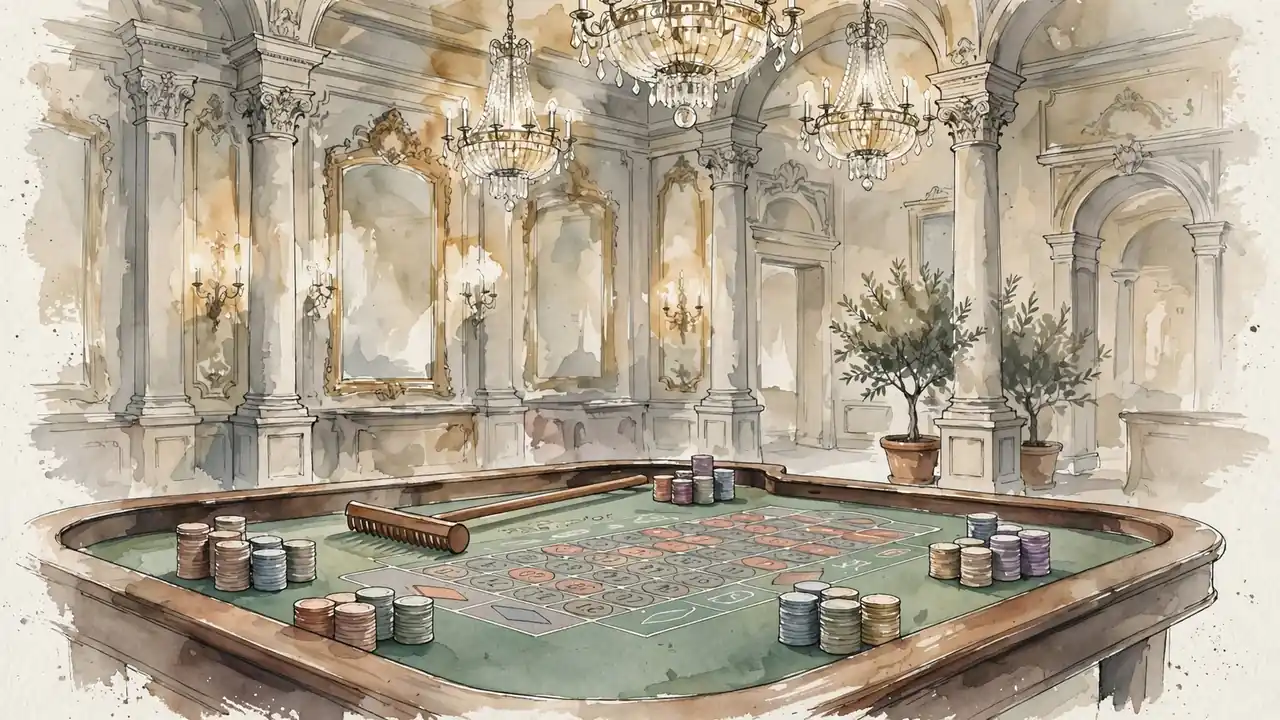 Interno elegante di casinò europeo con tavolo da roulette e fiches impilate
