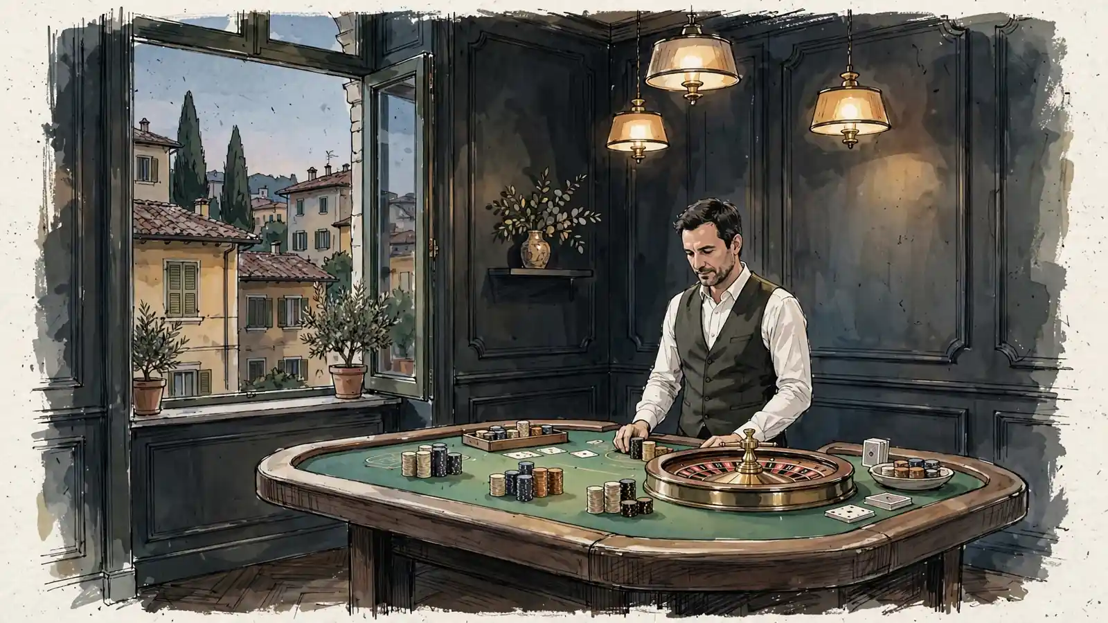 Croupier in smoking elegante dietro un tavolo da roulette in studio live.