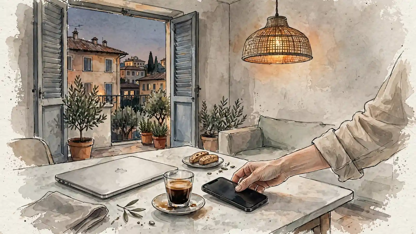 Mano che appoggia un iPhone su un tavolo di marmo vicino a un MacBook chiuso in un interno italiano moderno.