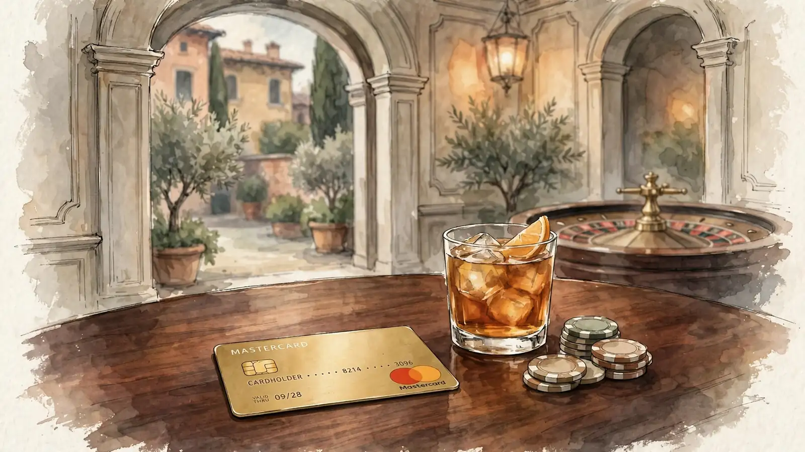Carta Mastercard dorata su tavolo in elegante salotto italiano con roulette e fiches sullo sfondo