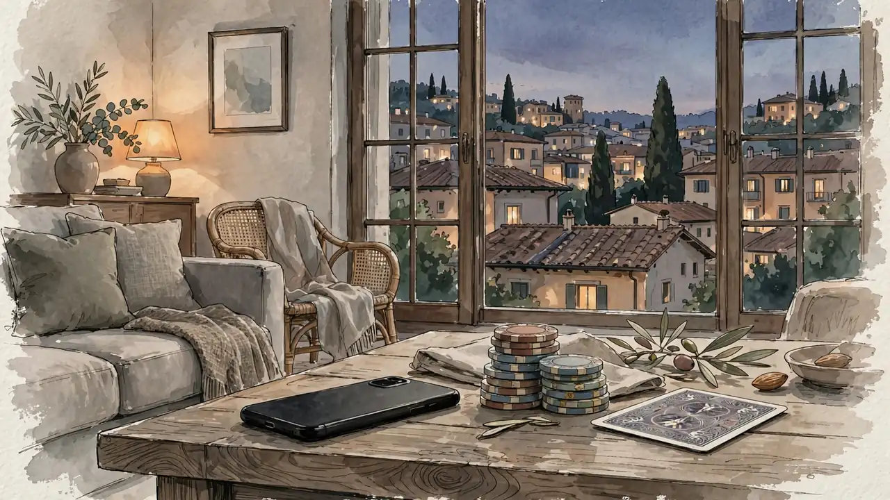 Soggiorno italiano moderno con smartphone, fiches da gioco e vista su tetti in terracotta al crepuscolo.