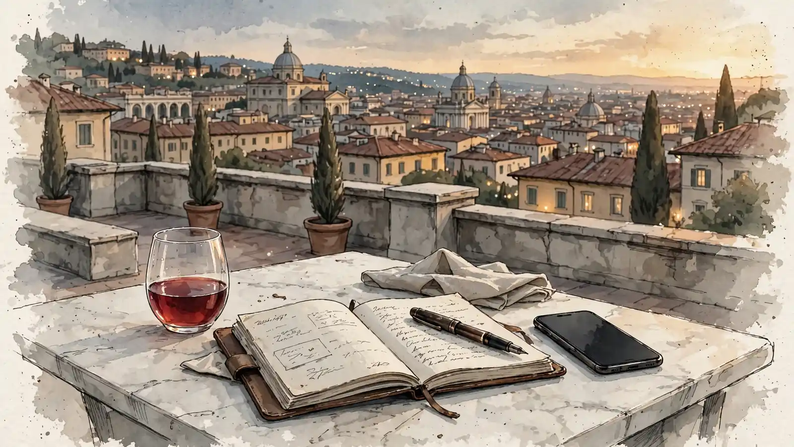 Tavolo elegante su terrazza italiana al tramonto con calice di vino e smartphone capovolto