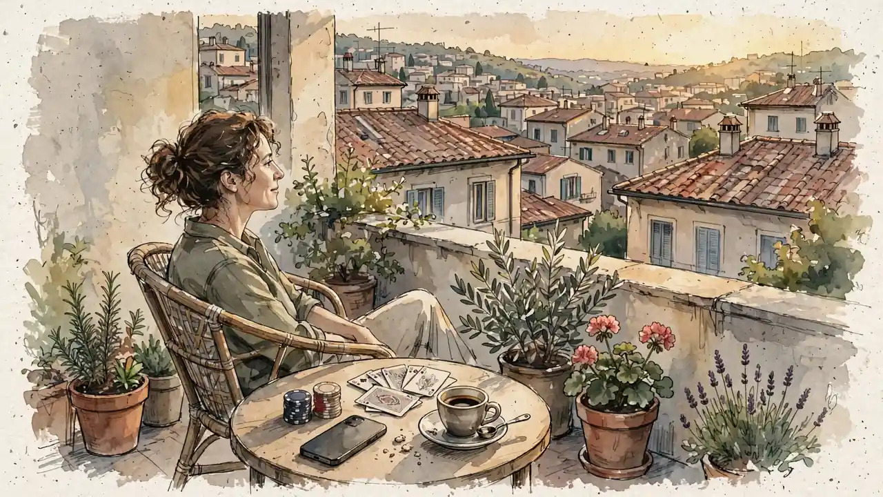 Terrazza italiana al tramonto con smartphone, fiches e carte da gioco
