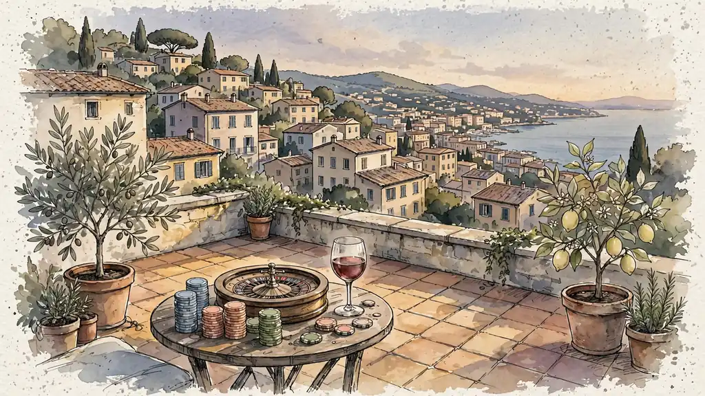 Tavolino con roulette e fiches su terrazza italiana al tramonto sul mare.