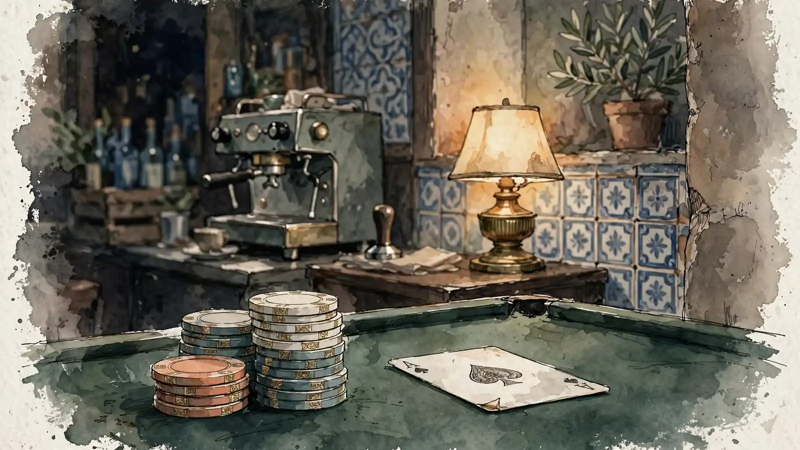 Tavolo con fiches e carta da gioco in un bar italiano di sera