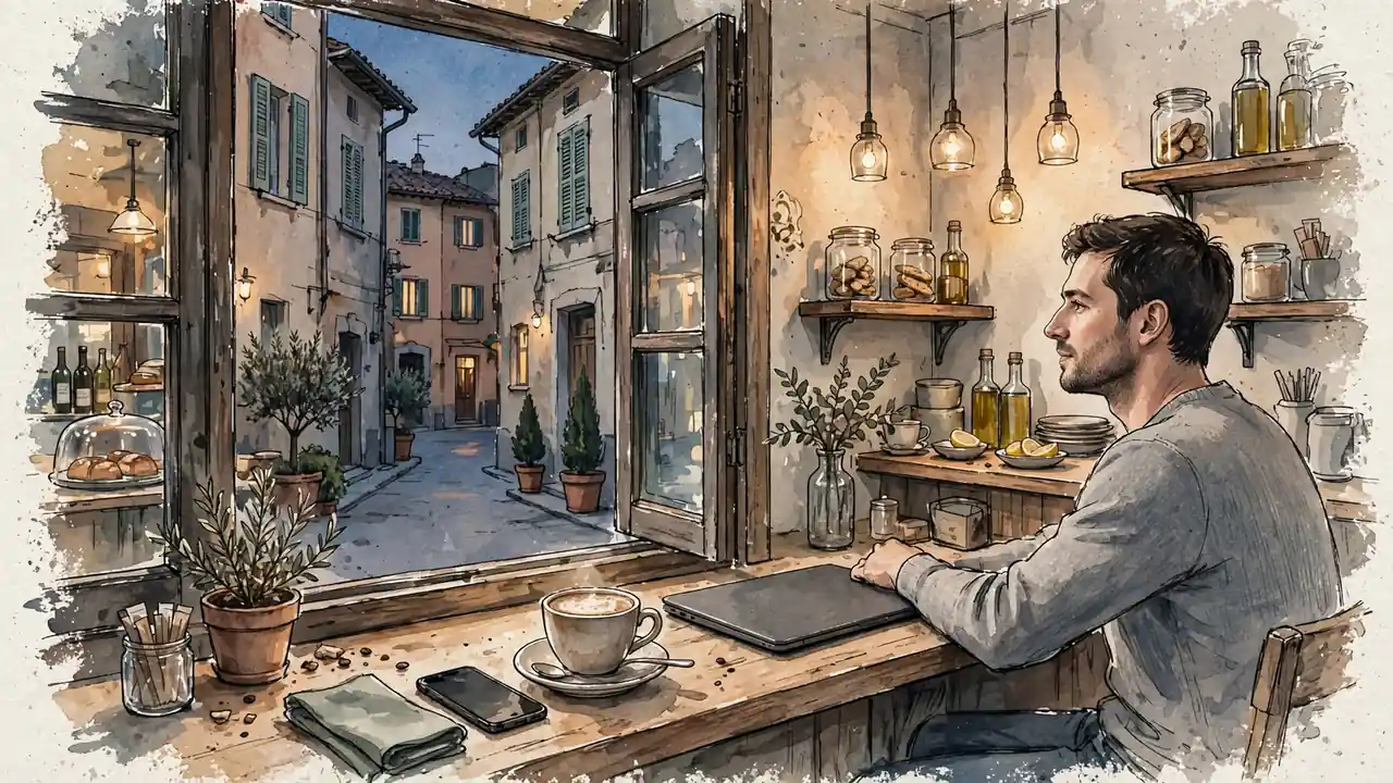 Giovane in un bar italiano con laptop vicino a una tazzina di caffè la sera.