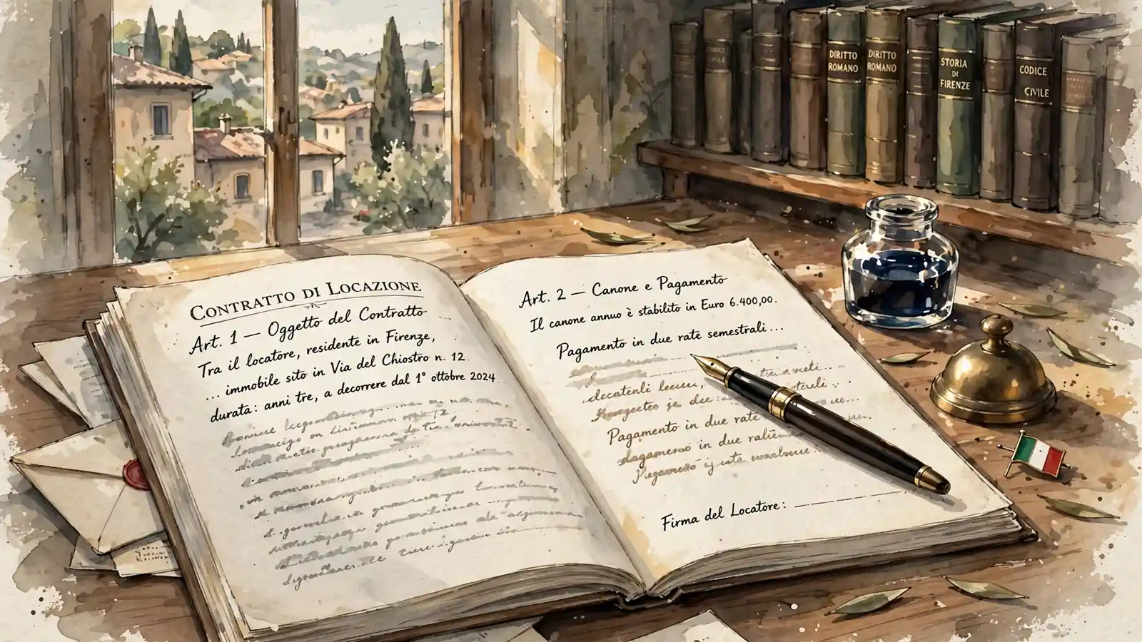 Documento legale aperto con penna stilo su scrivania di legno, accanto a bandierina italiana e libri.