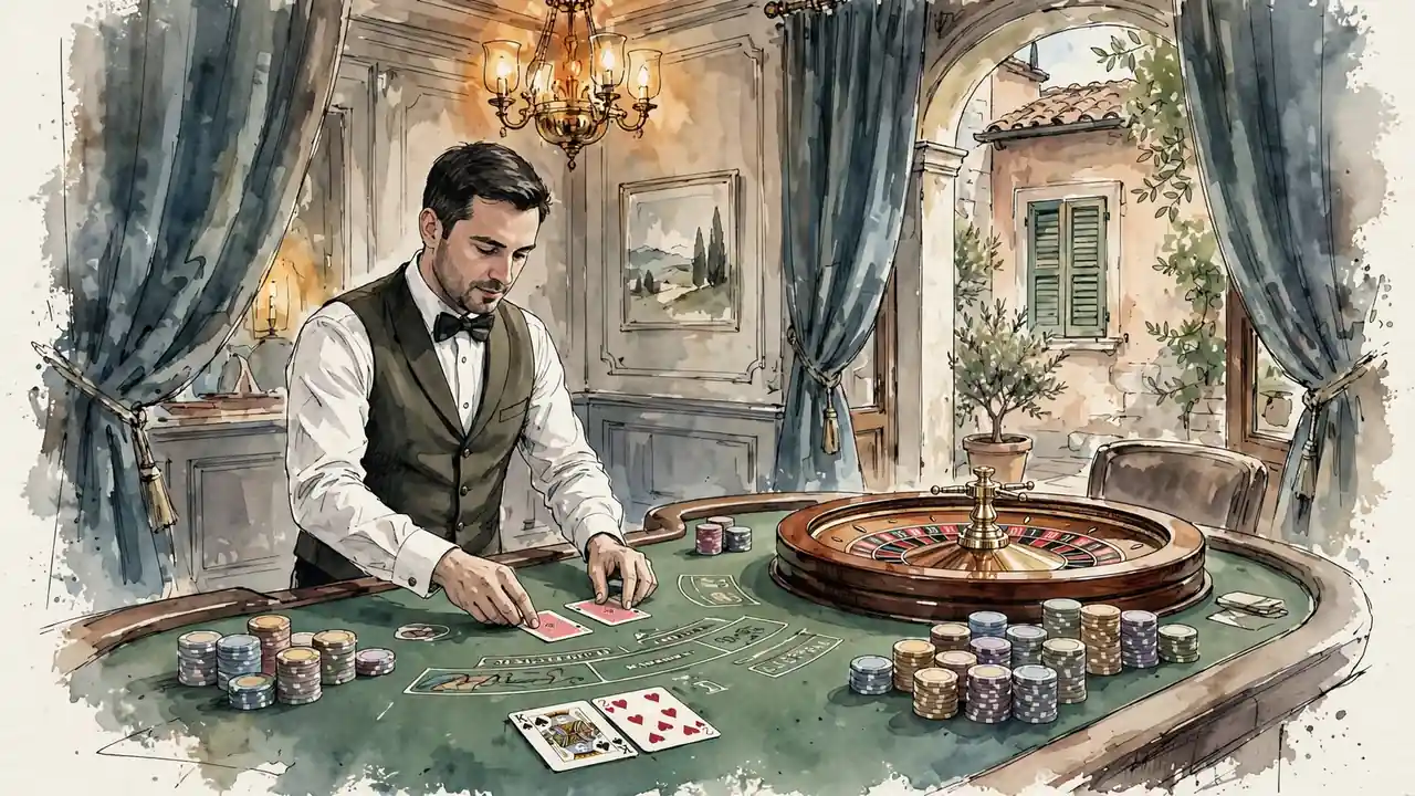 Sala da gioco europea elegante con roulette, fiches e croupier in abito formale