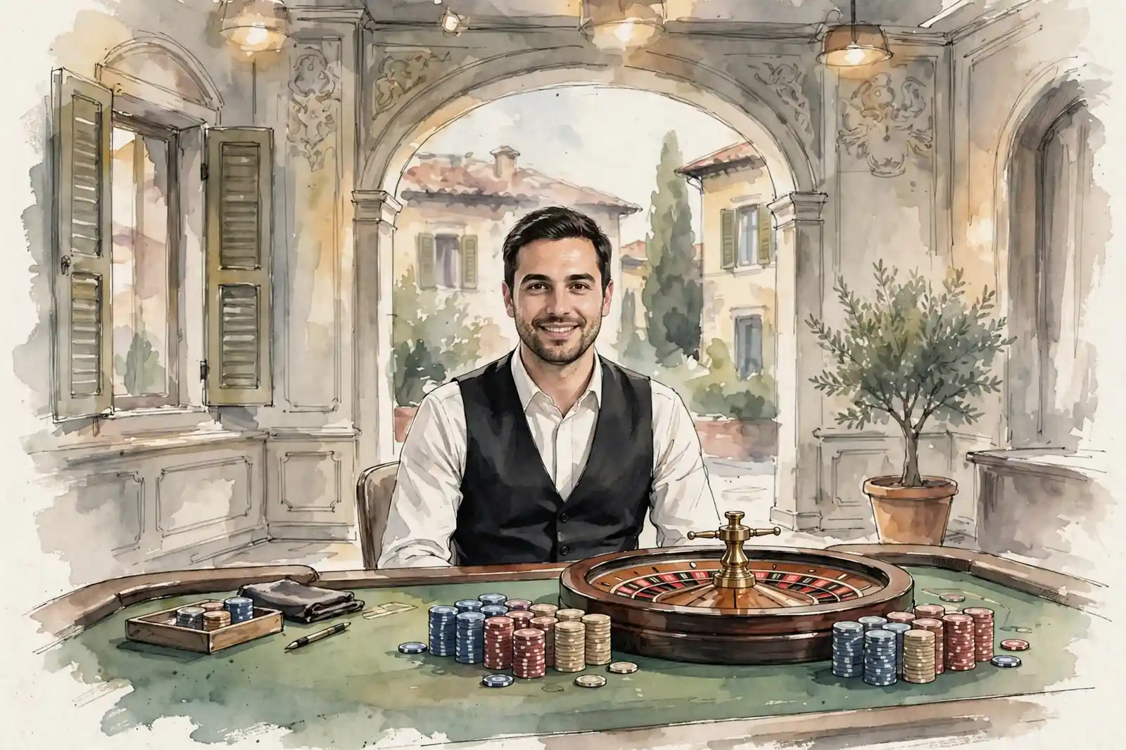 Croupier dal vivo in studio di casinò con roulette e fiches