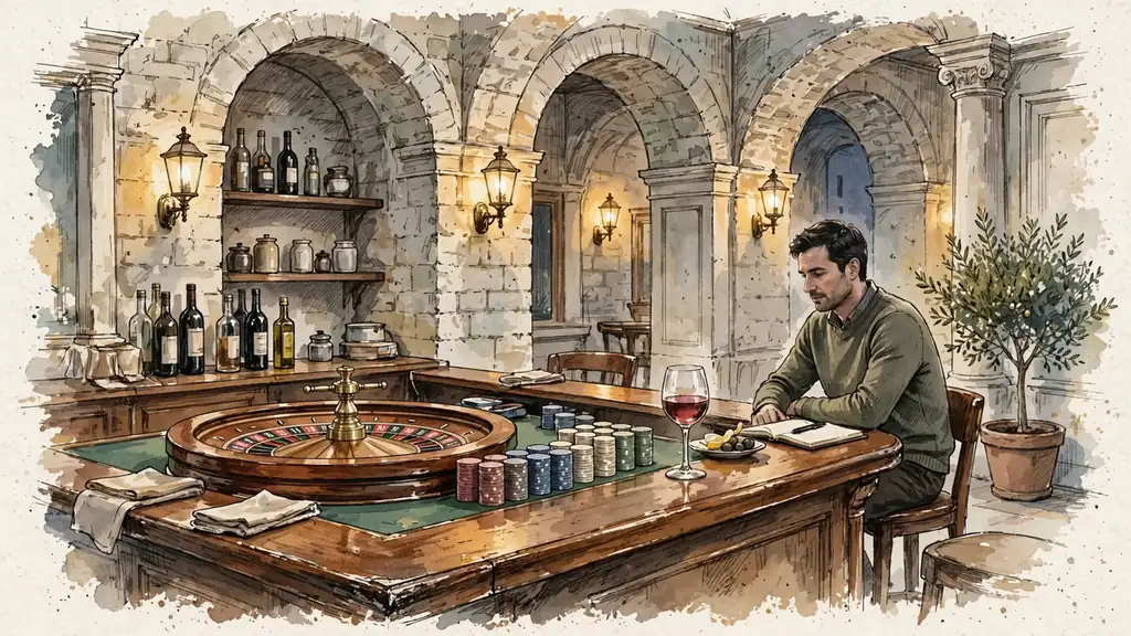 Interno di una sala da gioco italiana con roulette e luce calda.
