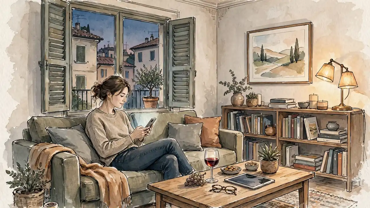 Giovane donna rilassata in soggiorno italiano con smartphone e tablet sul tavolino.