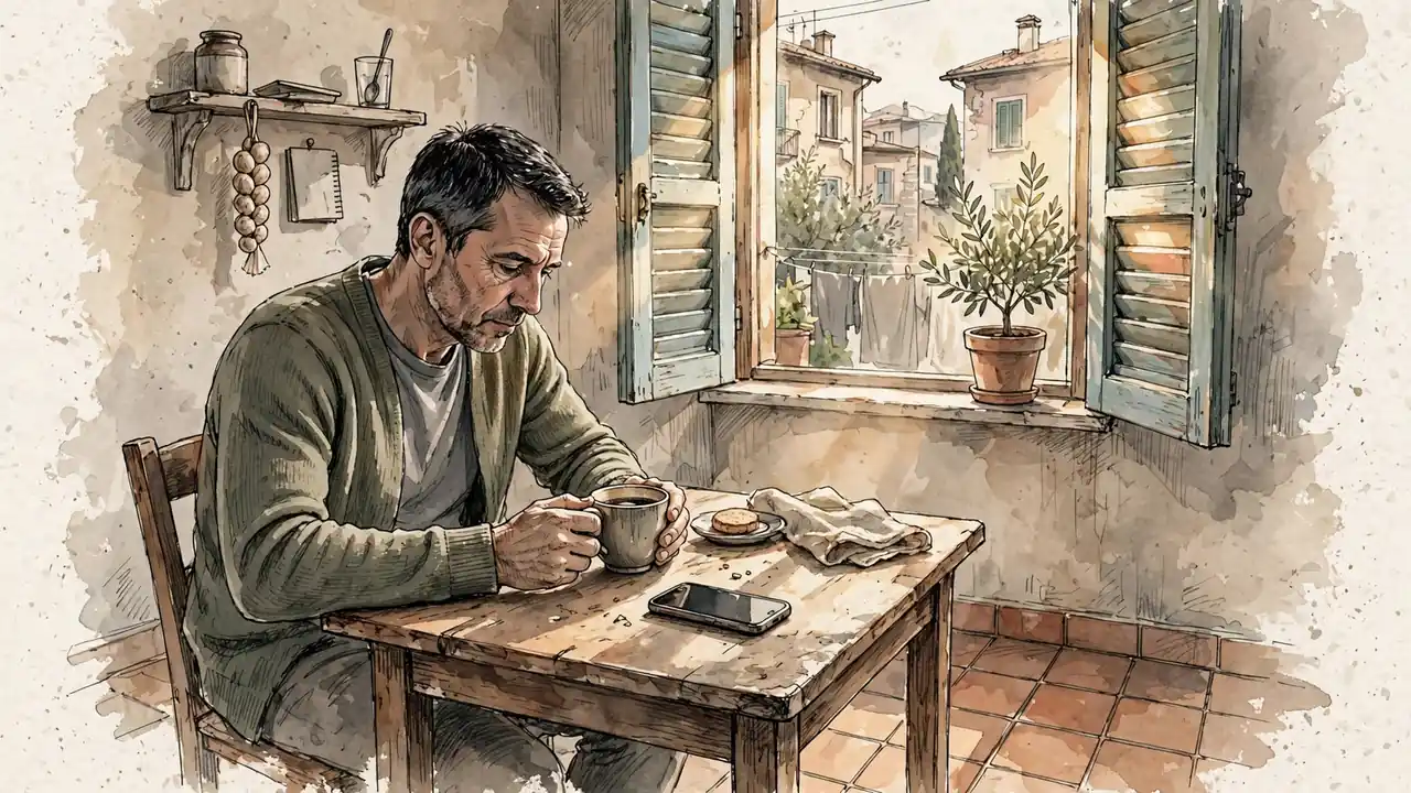 Uomo solo in cucina che riflette davanti a una tazza di caffè, con il telefono rovesciato sul tavolo.