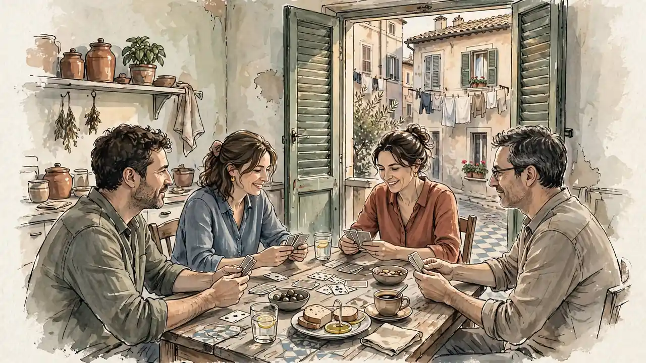 Partita a carte tra amici in un appartamento italiano.