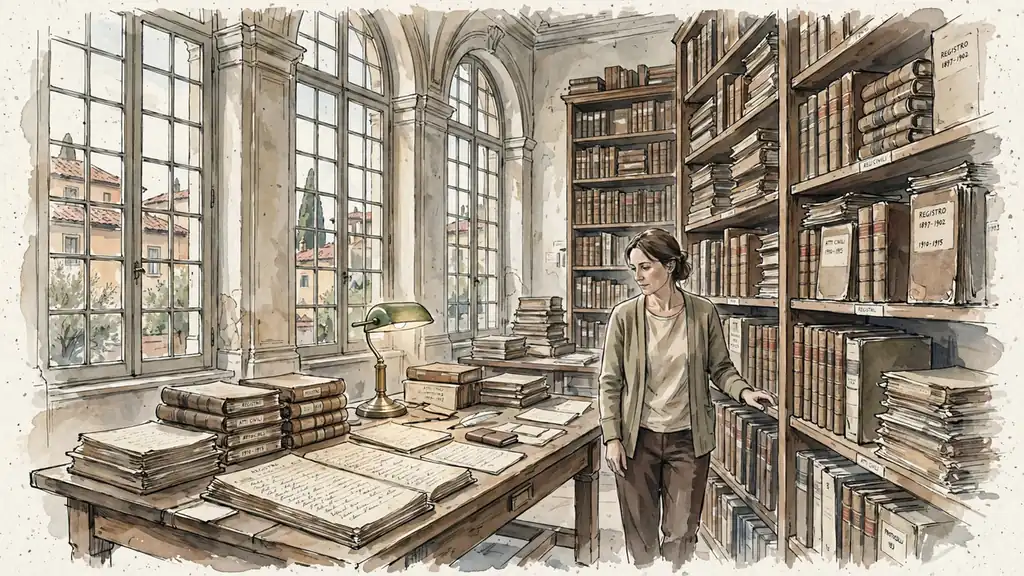 Archivio italiano con scaffali di registri e una lampada.