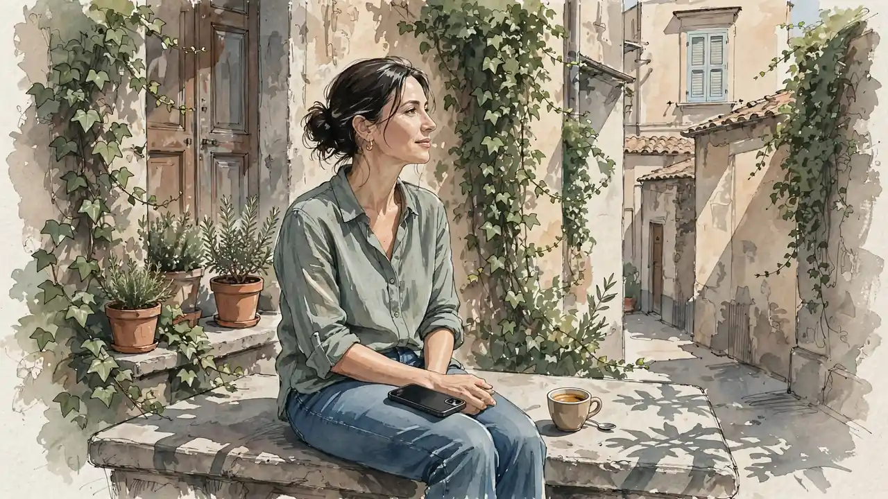 Donna con smartphone e caffè su una panchina a Napoli.