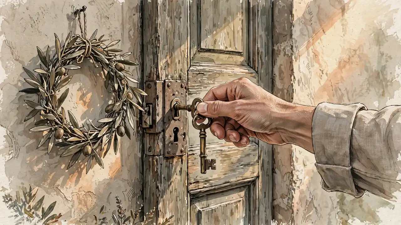 Mano che gira una chiave in una porta di legno italiana.