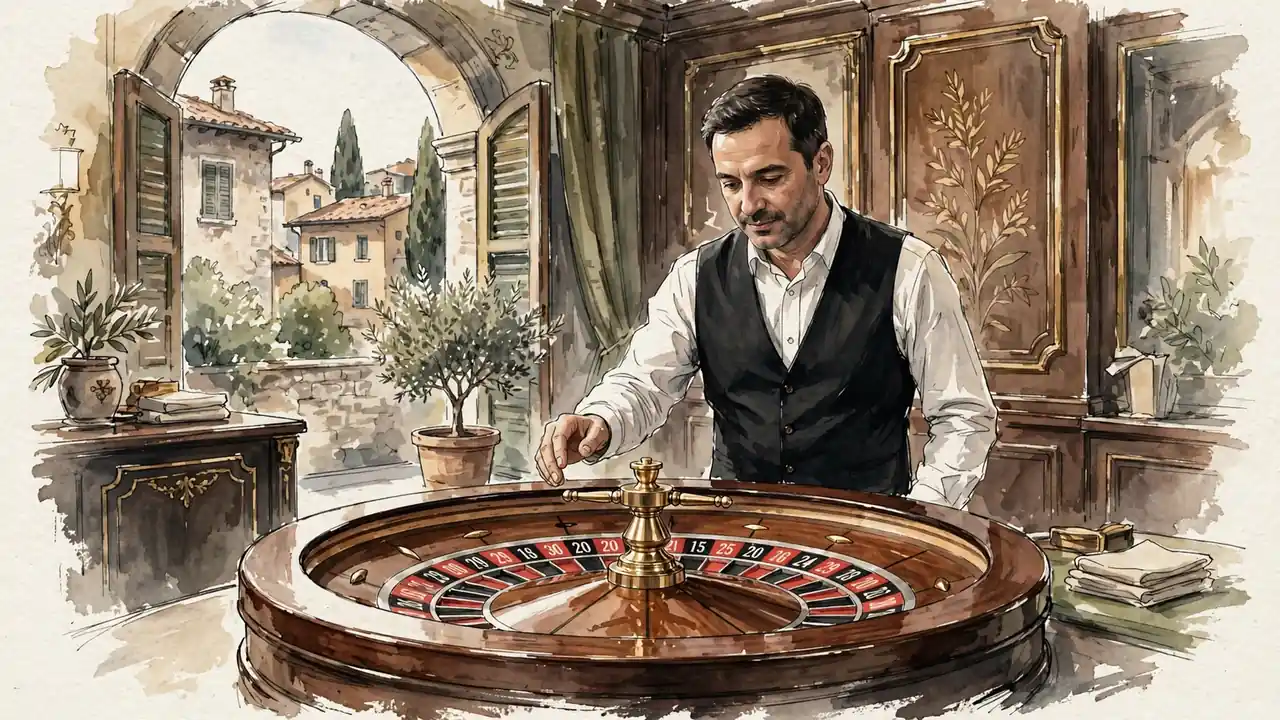 Croupier dal vivo accanto a una roulette in un elegante studio di casinò italiano.