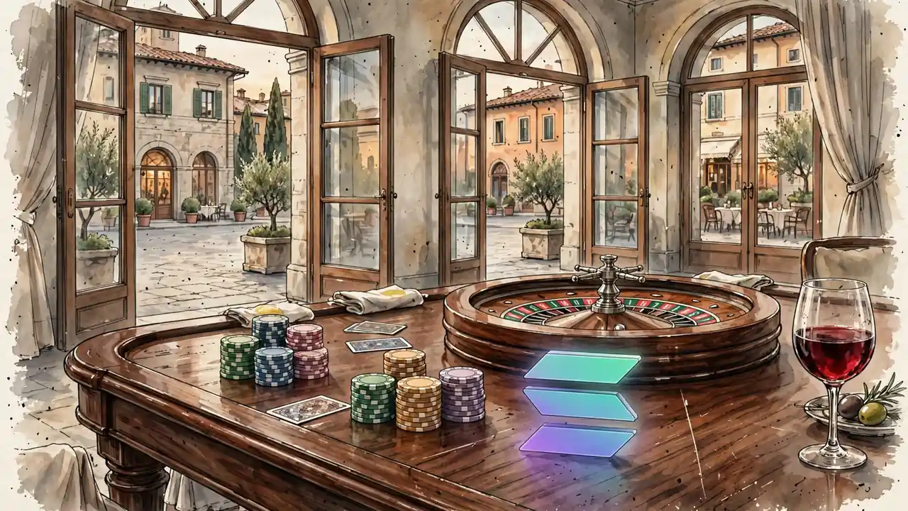 Tavolo da gioco elegante italiano con chip colorati, gettone Solana luminoso e ruota della roulette.