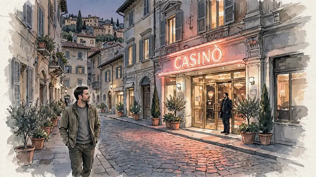 Ingresso di un casino estero illuminato di sera su una via europea