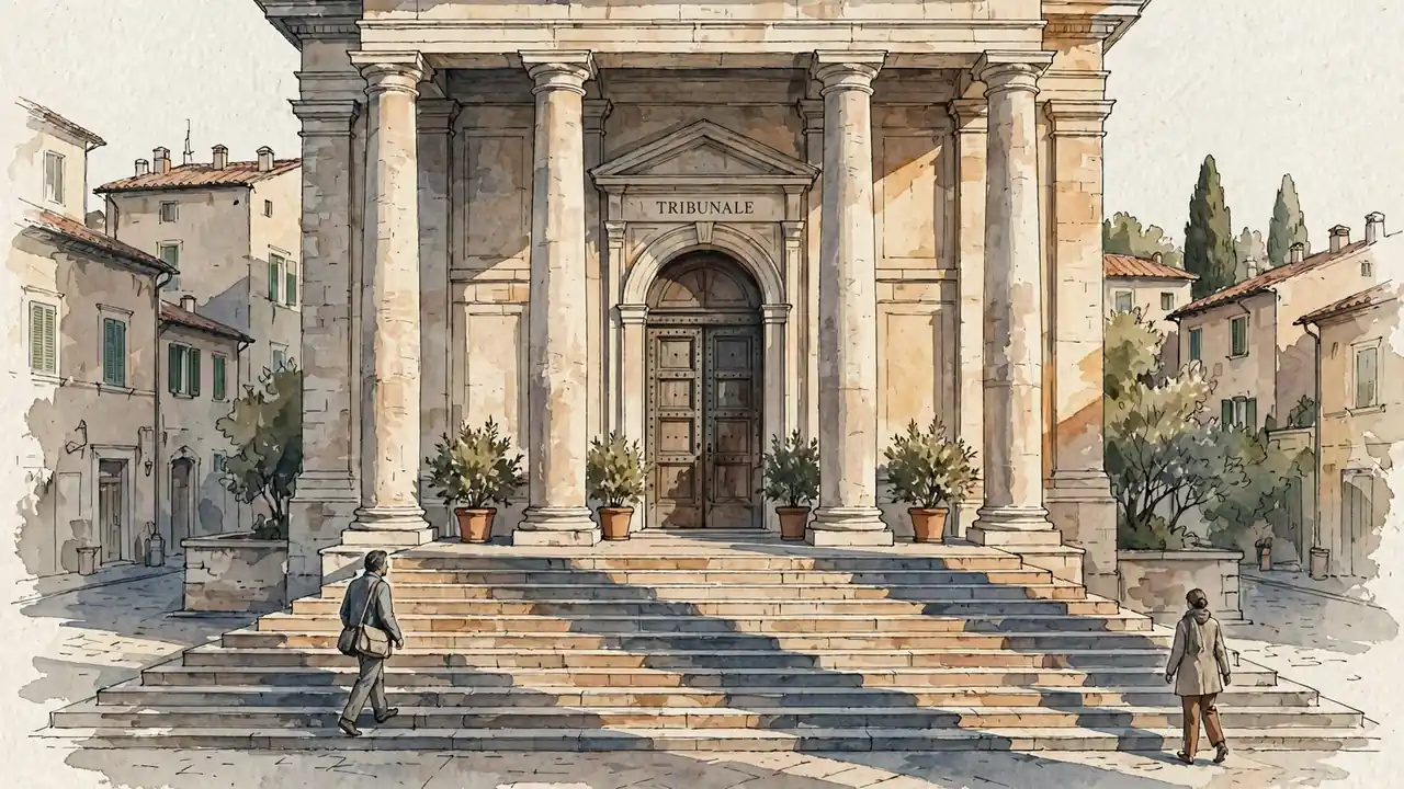 Facciata di un tribunale italiano classico con colonne in travertino e scalinata in pietra
