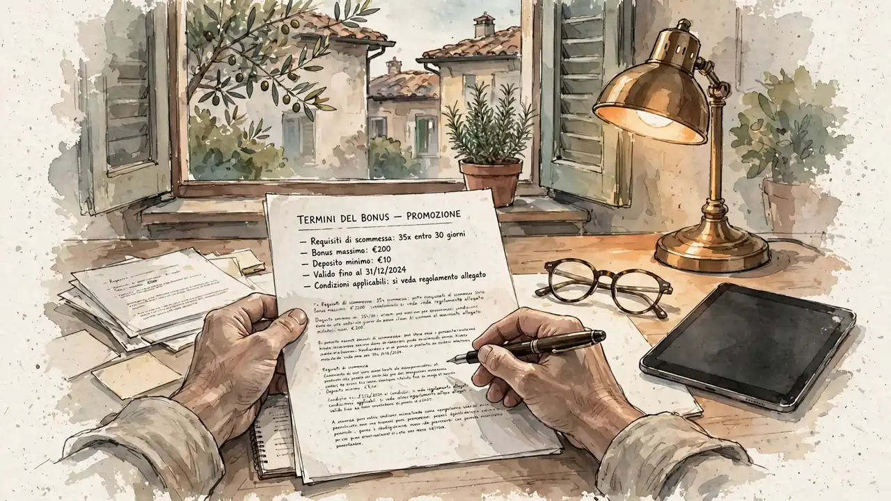 Mani che leggono termini di bonus con occhiali e penna su una scrivania italiana.