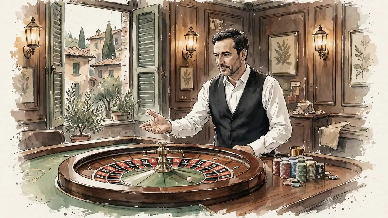 Croupier in smoking accanto a una ruota della roulette in studio elegante