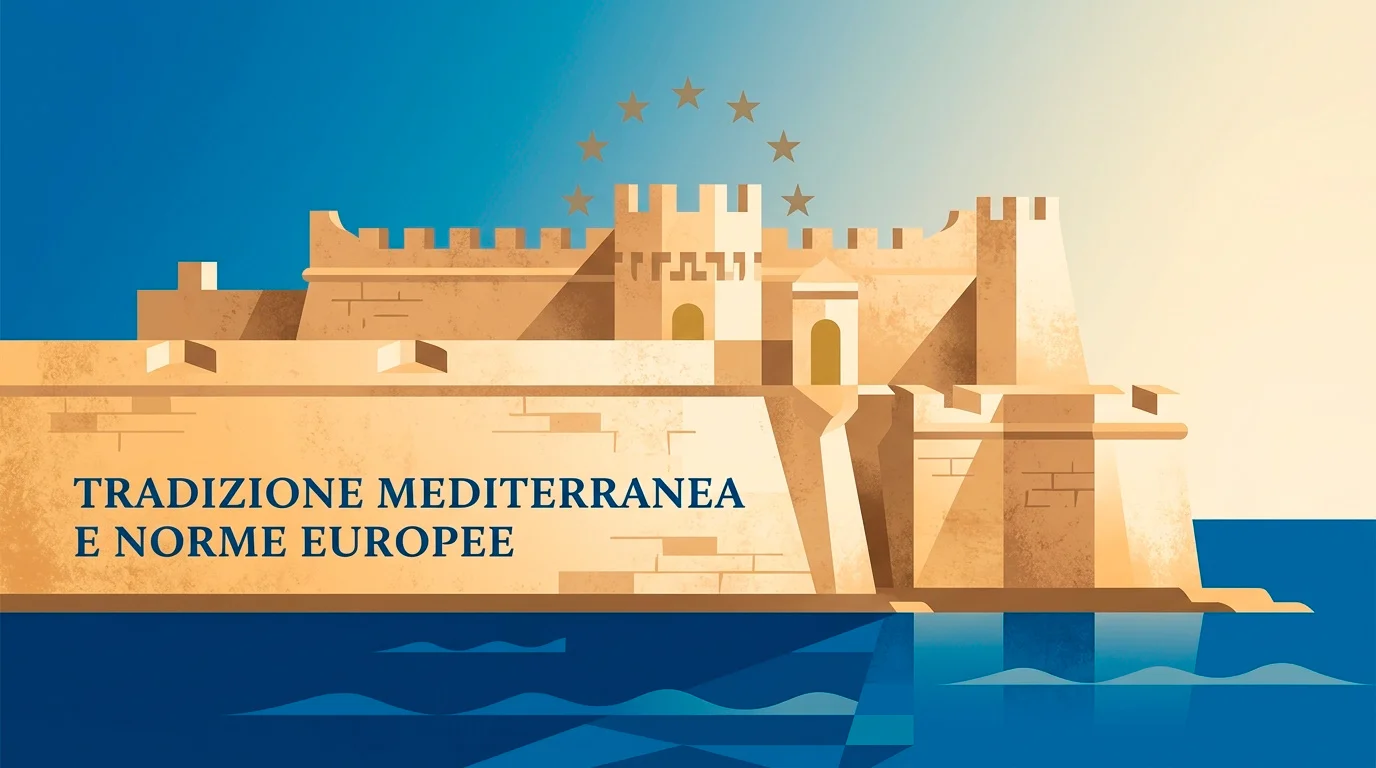 Rappresentazione concettuale della Malta Gaming Authority con elementi mediterranei stilizzati e simboli istituzionali europei