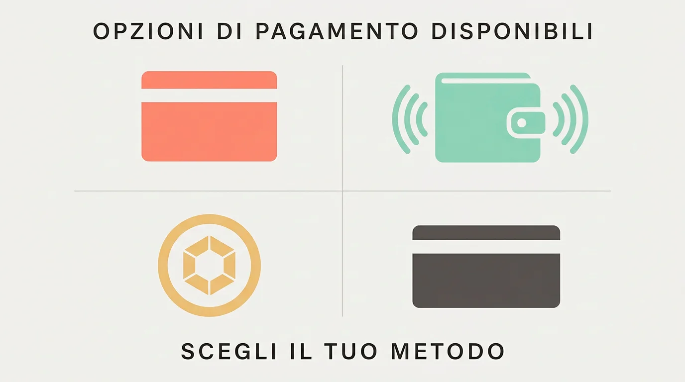 Concetto dei principali metodi di pagamento utilizzabili sui casino non AAMS: carte, e-wallet, criptovalute, Paysafecard